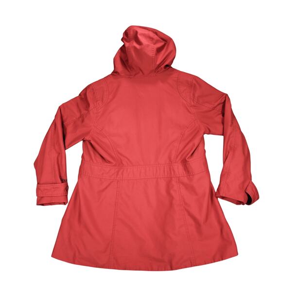 Marmot Trench Coat sz L Women Hooded Brick Red Lined Mid Length Lined Pockets - Picture 2 of 13